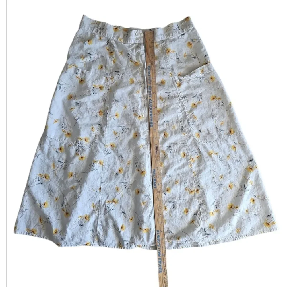 Happy Nature Linen Blend Floral Skirt Women’s 14 Cream Yellow Midi Cottagecore